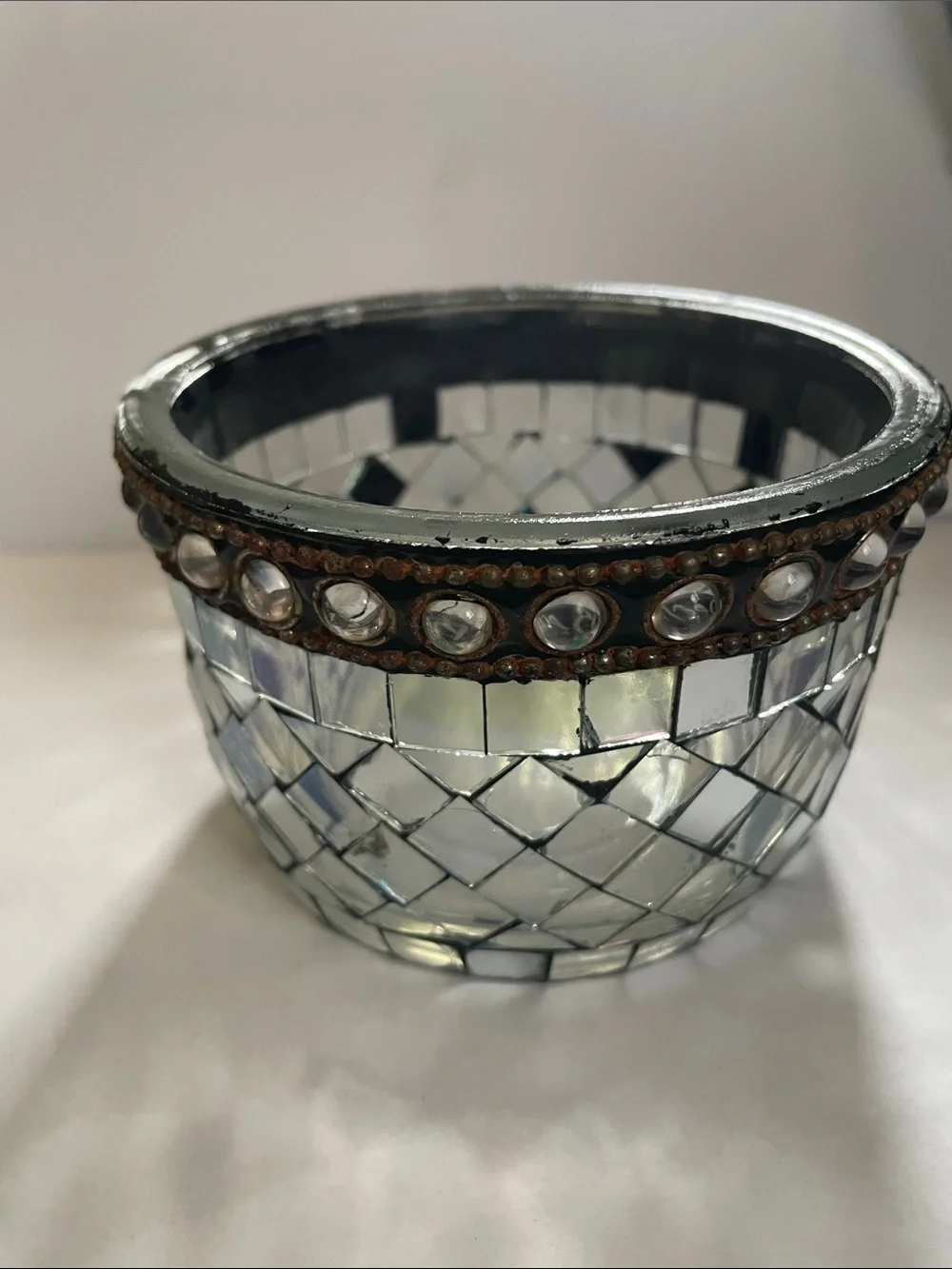 Iridescent Mosaic Glass Jewelry Trinket Box with Lid - Multi-color/Silver